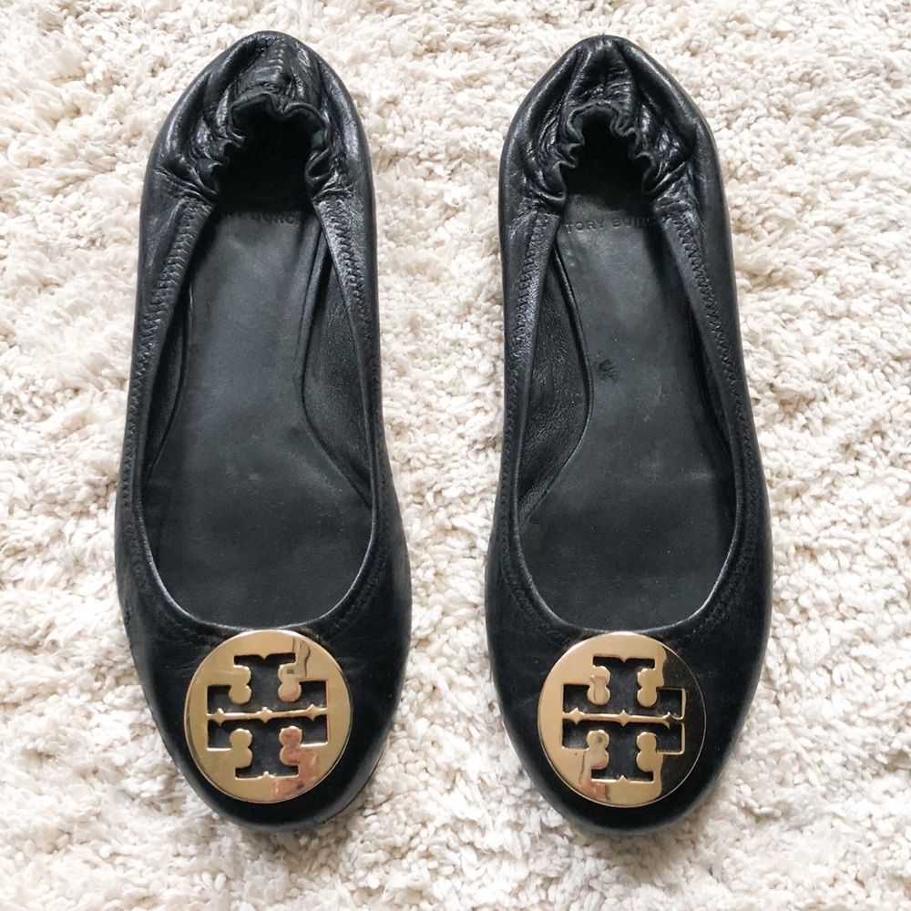 Tory Burch Black Reva Flats with Gold Logo